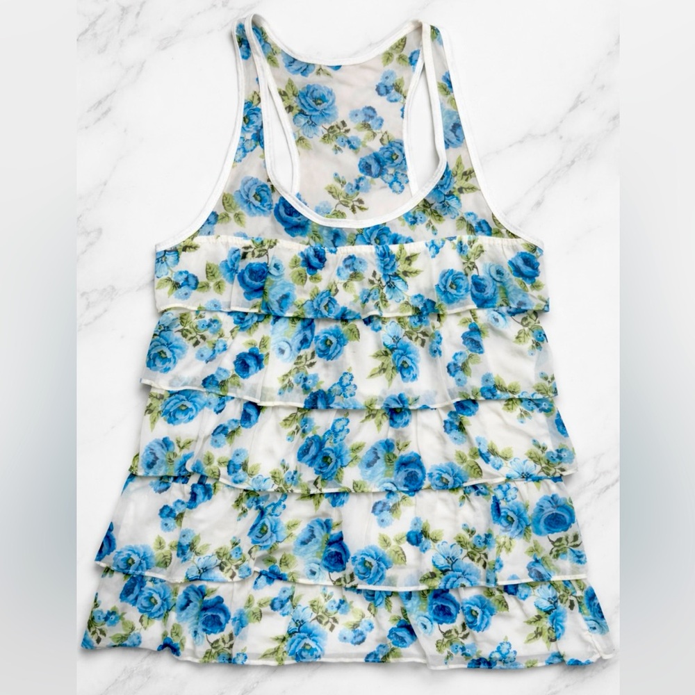 Abercrombie & Fitch Blue Floral Ruffle Tank Top Racerback Babydoll Cami Medium